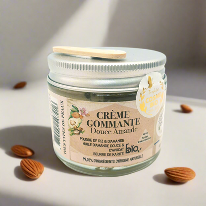 Gommage doux visage et cou - Poudre de riz et d'amande - Huile d'amande douce et d'avocat - Karité