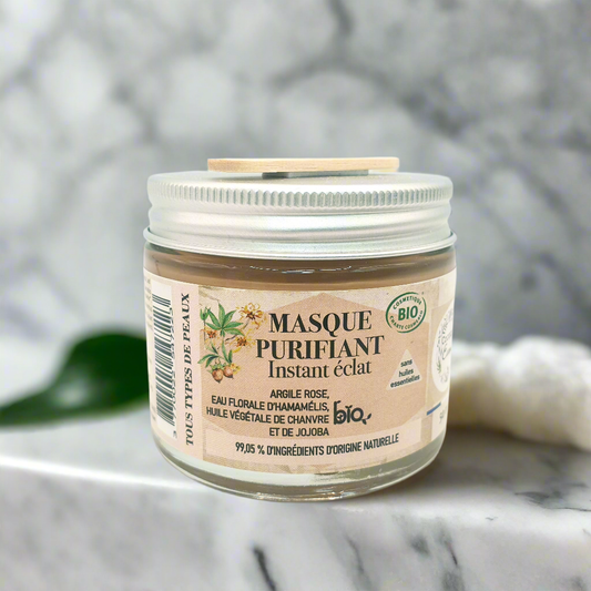 Masque purifiant à l'argile rose, eau florale d’Hamamélis, huile végétale de Chanvre et de Jojoba